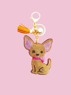Chihuahua Dog Pink & Brown Rhinestone-Encrusted Key Chain, Bag, & Car Charm